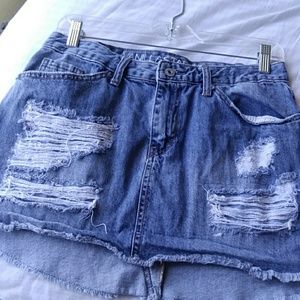 Medium Wash High-Low Destructed Denim Skirt